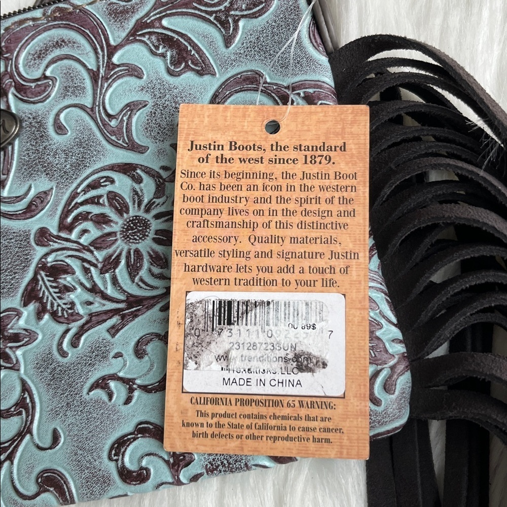 🆕 JUSTIN WOMEN'S CROSSBODY BAG TURQUOISE TOOLED SUNFLOWER PATTERN FRINGE - Picture 5 of 11